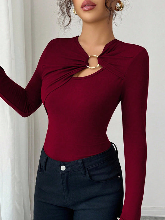 Damen nan figurbetonter Langarm-Body mit Leopardenprint und Zier-Ring R&B