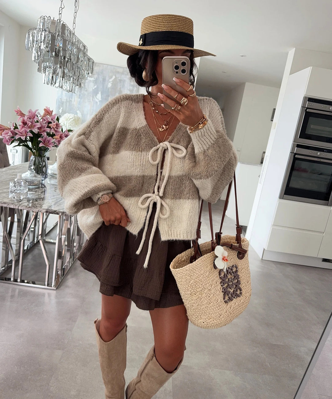 Damen lockere Strickjacke mit breiten Streifen und Bindegürtel R&B