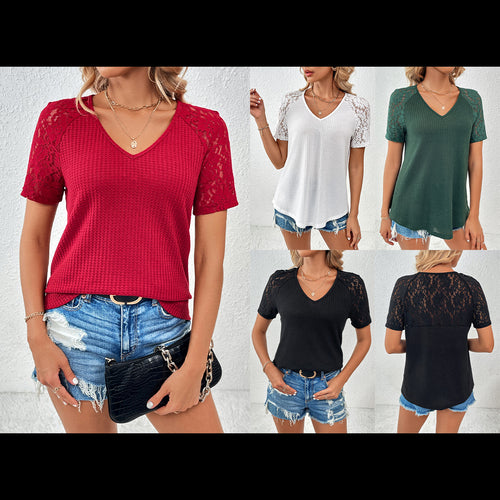 Damen elegantes V-Ausschnitt Oberteil mit Spitzenärmel und Strukturmuster R&B