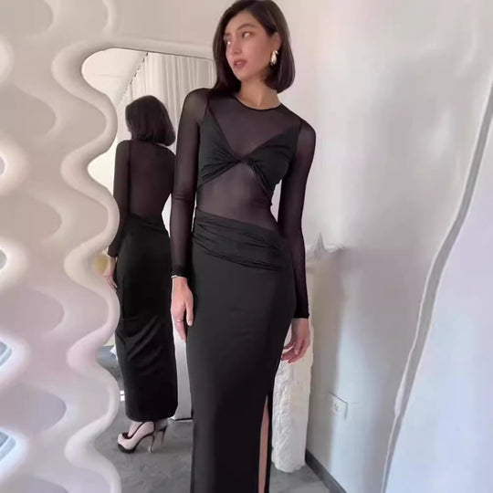 Damen Elegantes Maxikleid mit transparenten Einsätzen und Raffung R&B