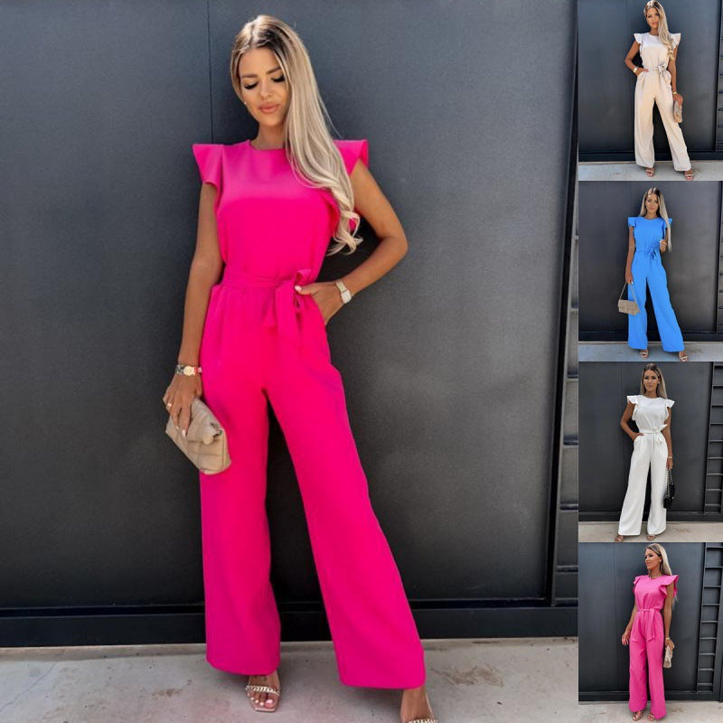 Frauen Fließender Weitbeiniger Jumpsuit mit Rüsche Ärmel R&B
