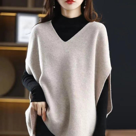 Damen Strickponcho mit V-Ausschnitt und eleganter Silhouette R&B