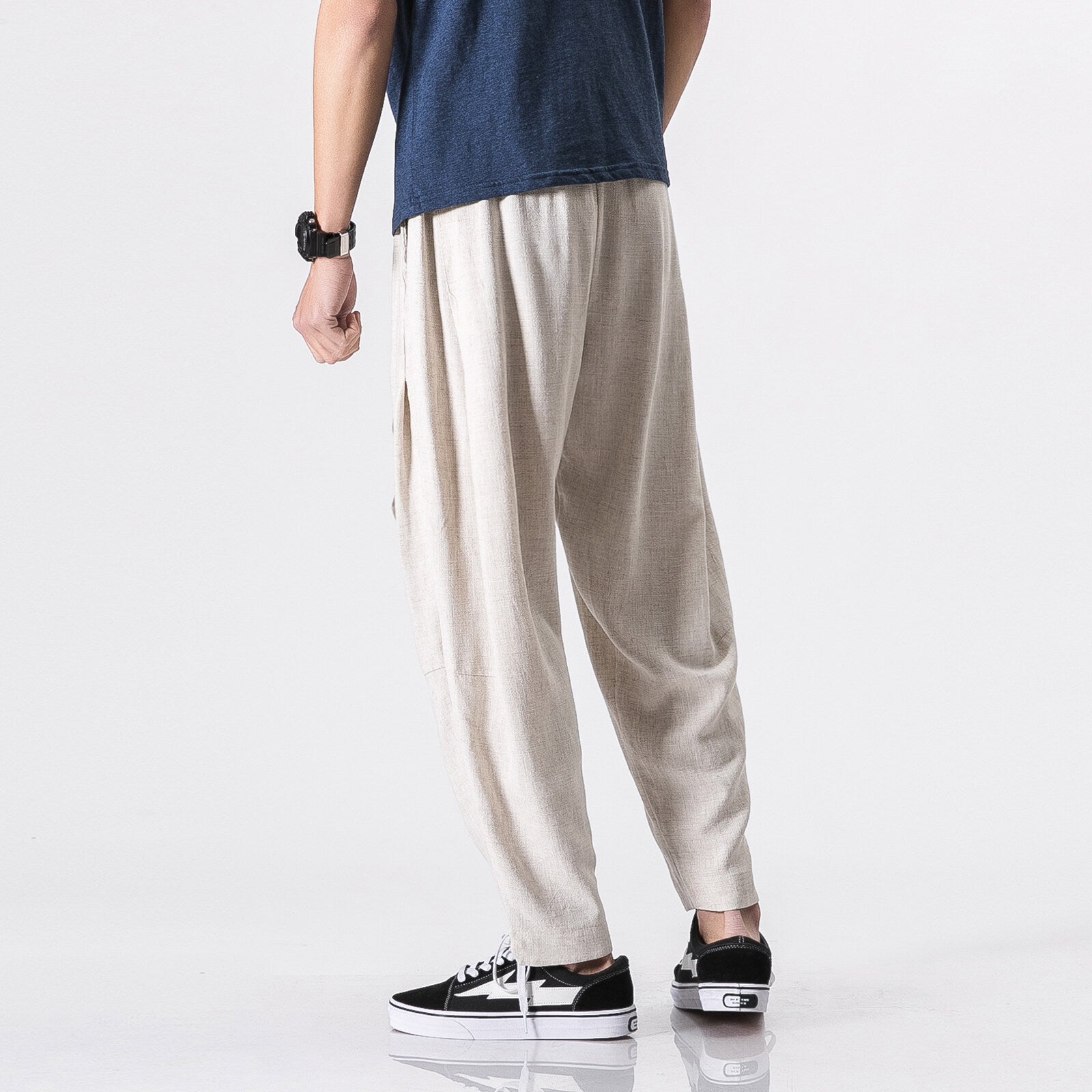 Herren nan entspannte Leinen-Baumwoll Harem-Joggerhose mit verdecktem Tunnelzug und tapered Bein R&B