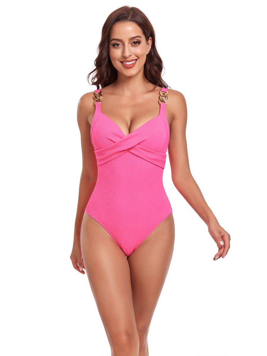 Damen Einteiler Badeanzug mit elegantem Wickeldesign und verstellbaren Trägern R&B