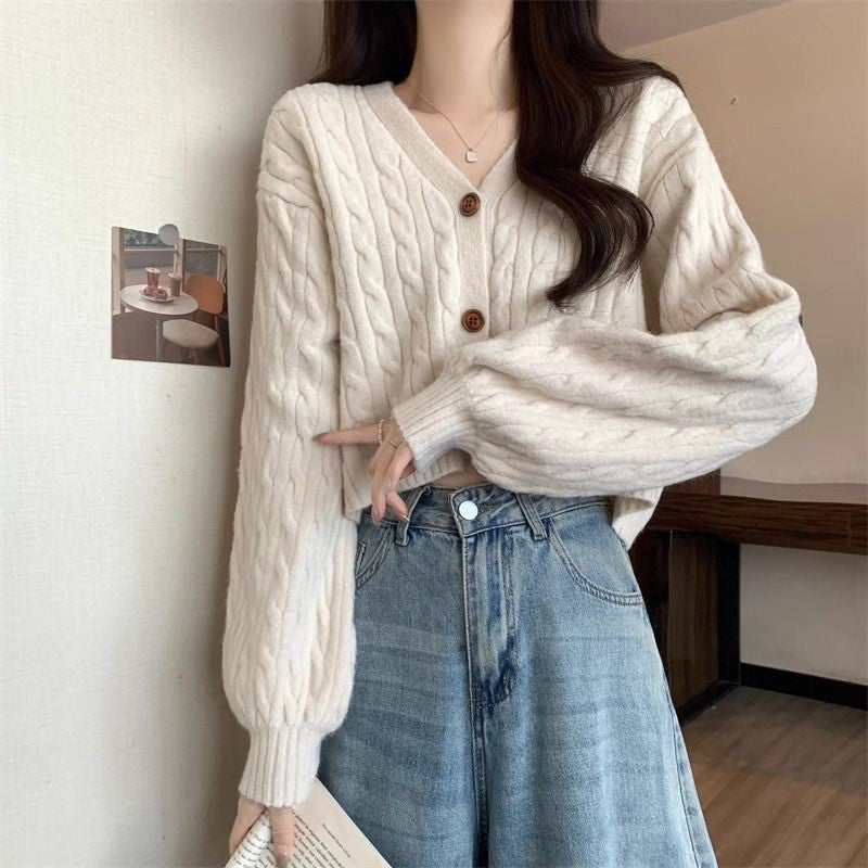 Damen kuscheliger Strickcardigan mit V-Ausschnitt und großen Knöpfen R&B