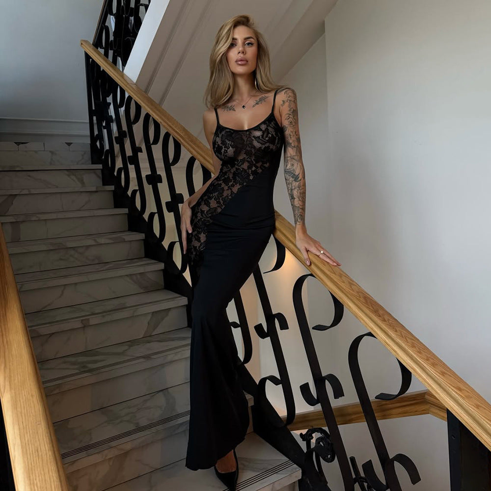 Damen Elegantes Langarm-Maxikleid mit filigraner Spitzenapplikation R&B