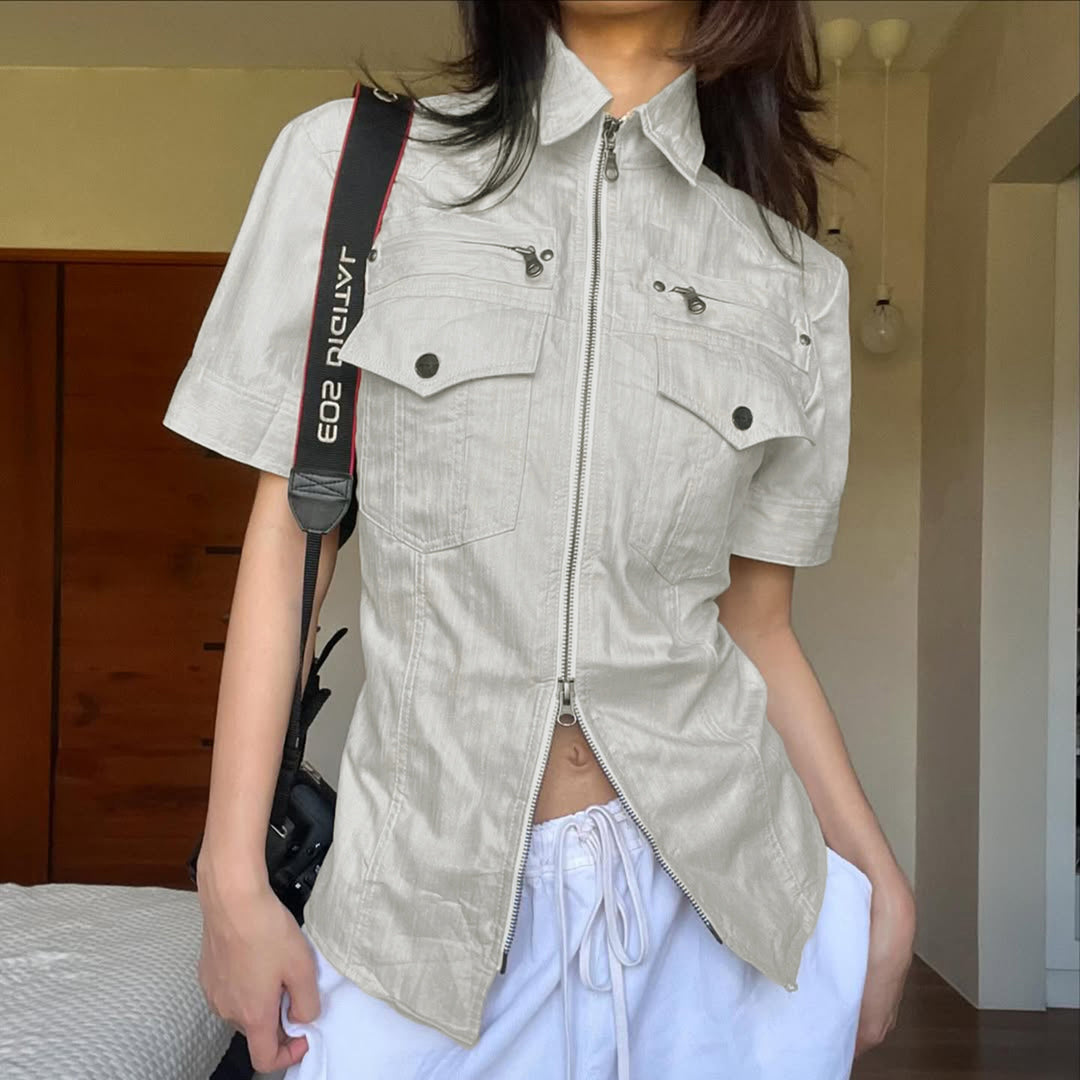 Damen Shirtjacke im urbanen Stil mit modischen Reißverschluss und praktischen Taschen R&B