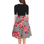 Damen Midikleid mit floralem Muster und gestreiften Akzenten
