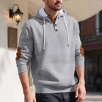 Herren nan strukturierter Kapuzen-Henley-Pullover mit Jacquardstruktur, Knopfleiste und Ellenbogenpatches R&B