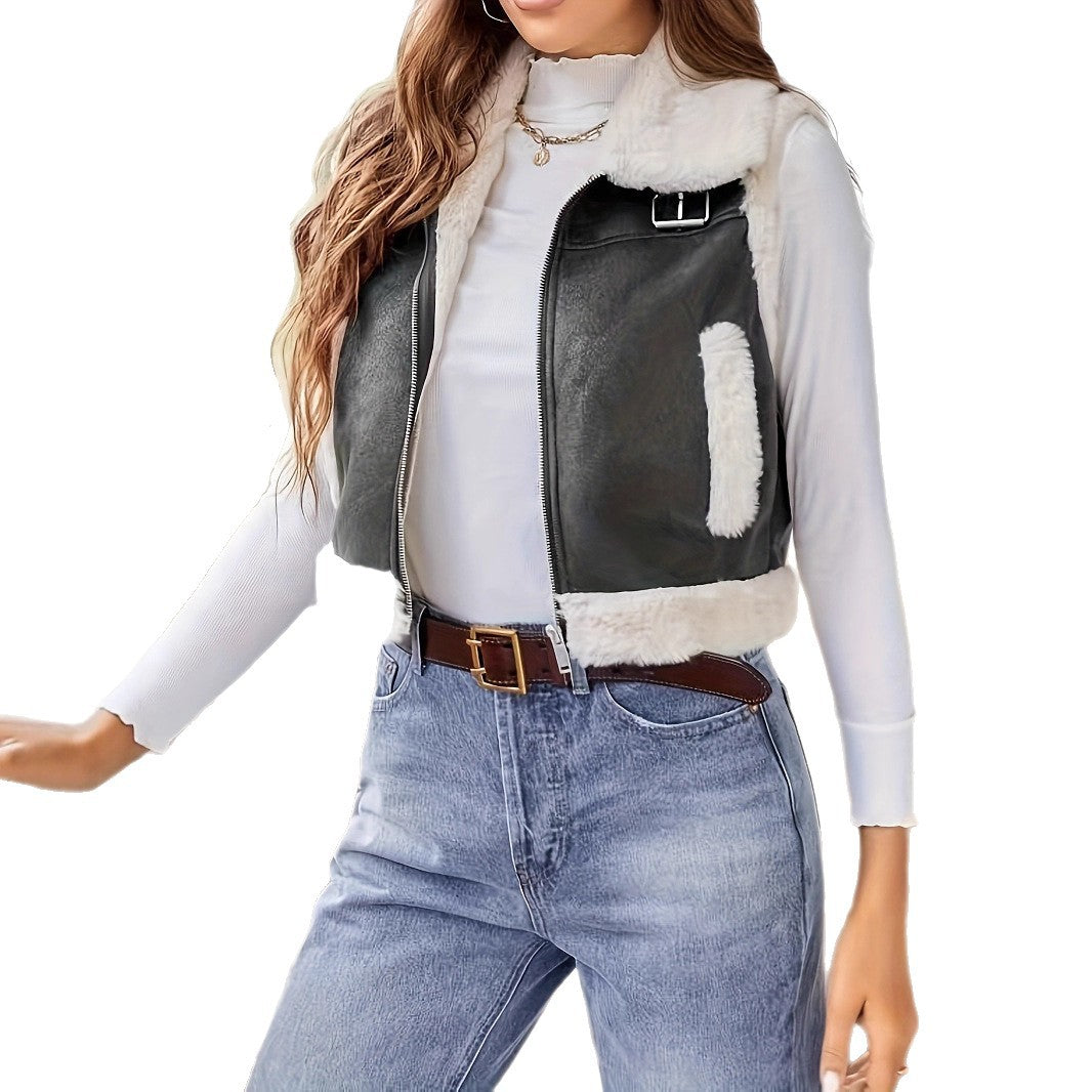 Damen stylish gesteppte Weste mit Fellkragen R&B
