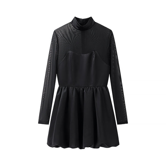 Damen elegantes Auftakt-Kleid mit transparenten Ärmeln und hohem Kragen R&B
