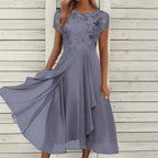 Damen nan fließendes Chiffon-Midikleid mit blumenbesticktem Oberteil und asymmetrischem Stufenrock R&B