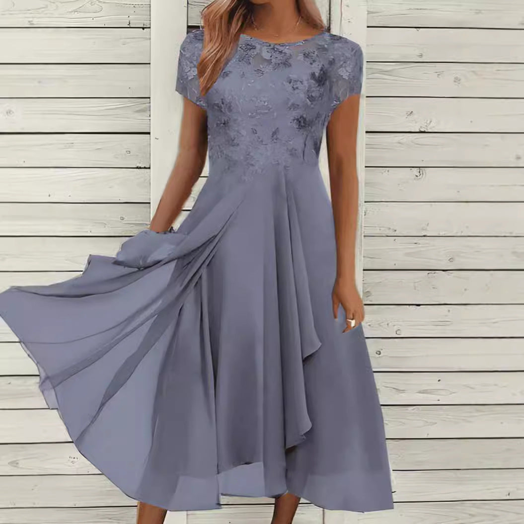 Damen nan fließendes Chiffon-Midikleid mit blumenbesticktem Oberteil und asymmetrischem Stufenrock R&B