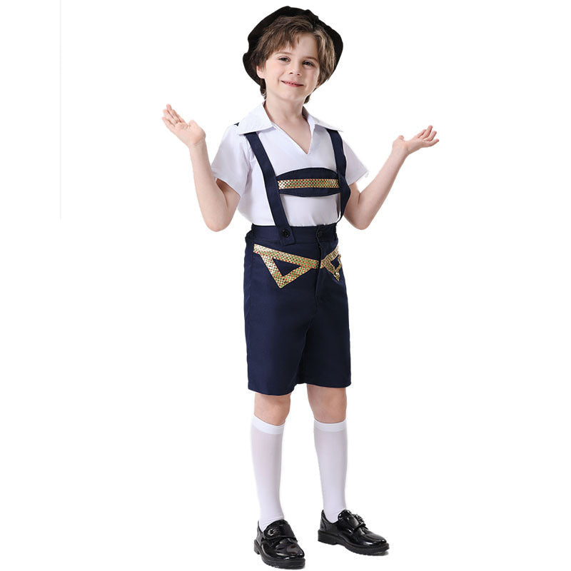 Unisex nan festliche Kinderhose mit verstellbaren Hosenträgern und Ziergürtel R&B