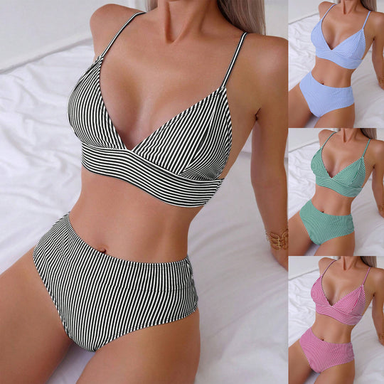 Damen Hochtailliertes Bikini-Set mit feinen Streifen R&B