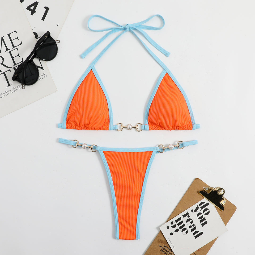 Damen Triangel-Bikini mit modischem Rippdesign und dekorativen Elementen R&B