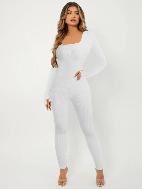 Damen Langarm Jumpsuit im eleganten Rippenmuster R&B