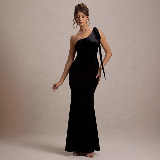 Damen figurbetontes Abendkleid mit asymmetrischem Träger und schickem Saum R&B