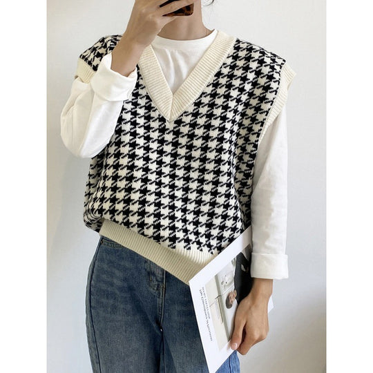 Damen modische Strickweste mit graphischem Hahnentrittmuster R&B