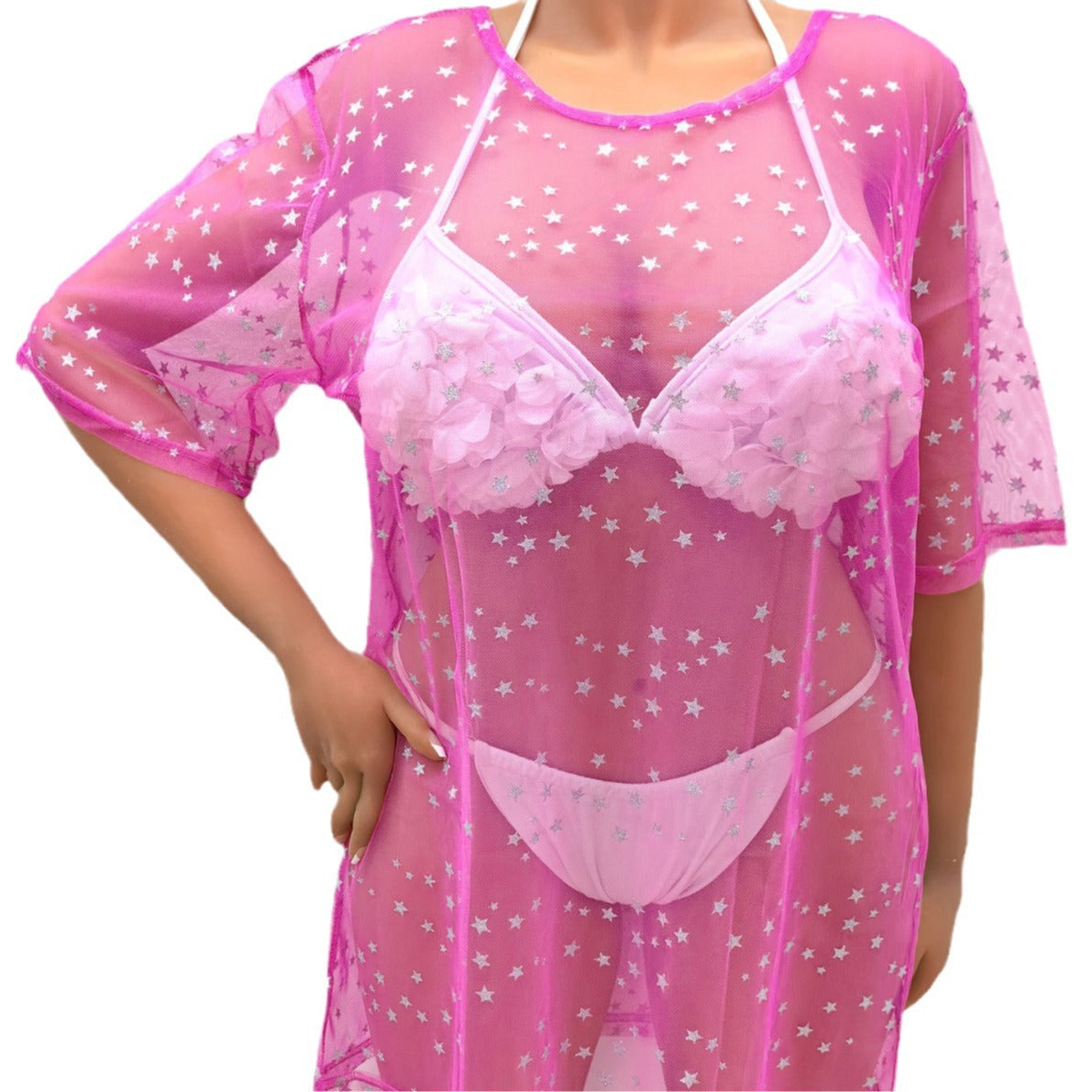 Damen transparenter Strandüberwurf mit funkelnden Sternen R&B