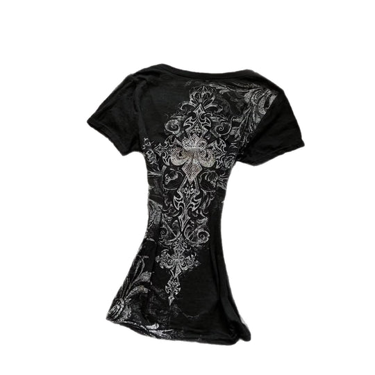 Damen Elegantes V-Ausschnitt T-Shirt mit kunstvollem Design R&B