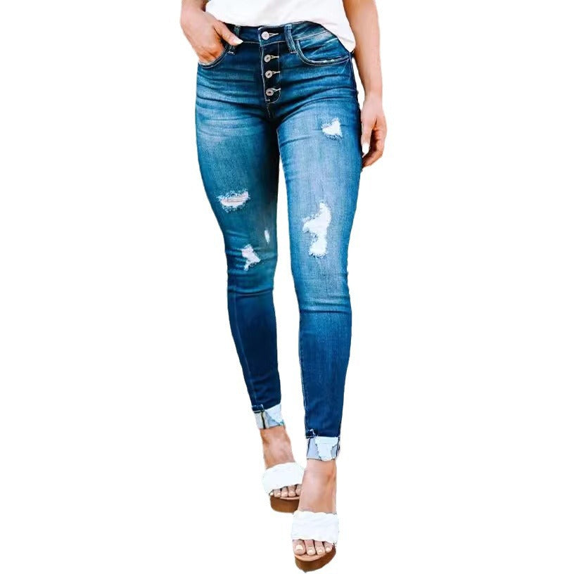 Damen High-Waist Skinny Jeans mit modischen Knopfdetails R&B
