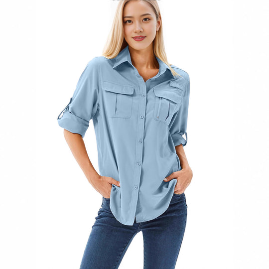 Damen lässige Bluse mit praktischen Taschen und umschlagbaren Ärmeln R&B
