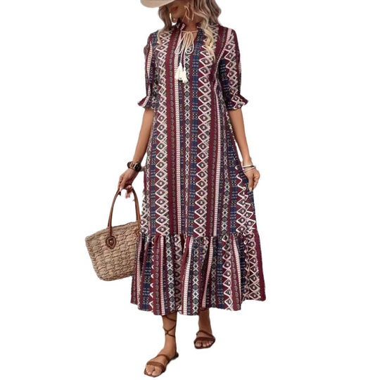 Damen Maxikleid mit grafischem Muster und detailreichen Volants R&B