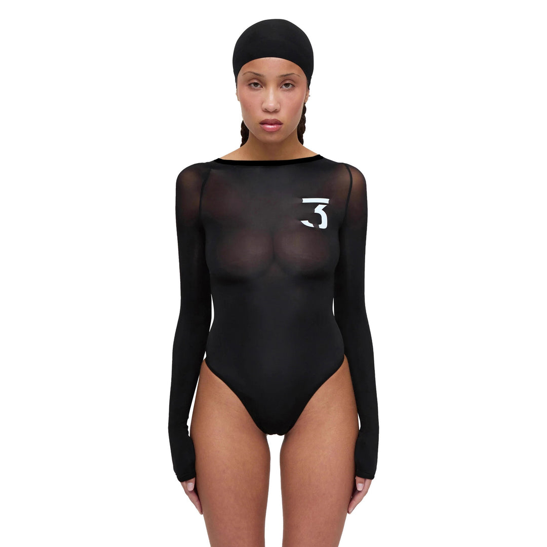 Damen eleganter Body mit transparenten Akzenten und Langarm R&B