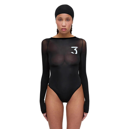 Damen eleganter Body mit transparenten Akzenten und Langarm R&B