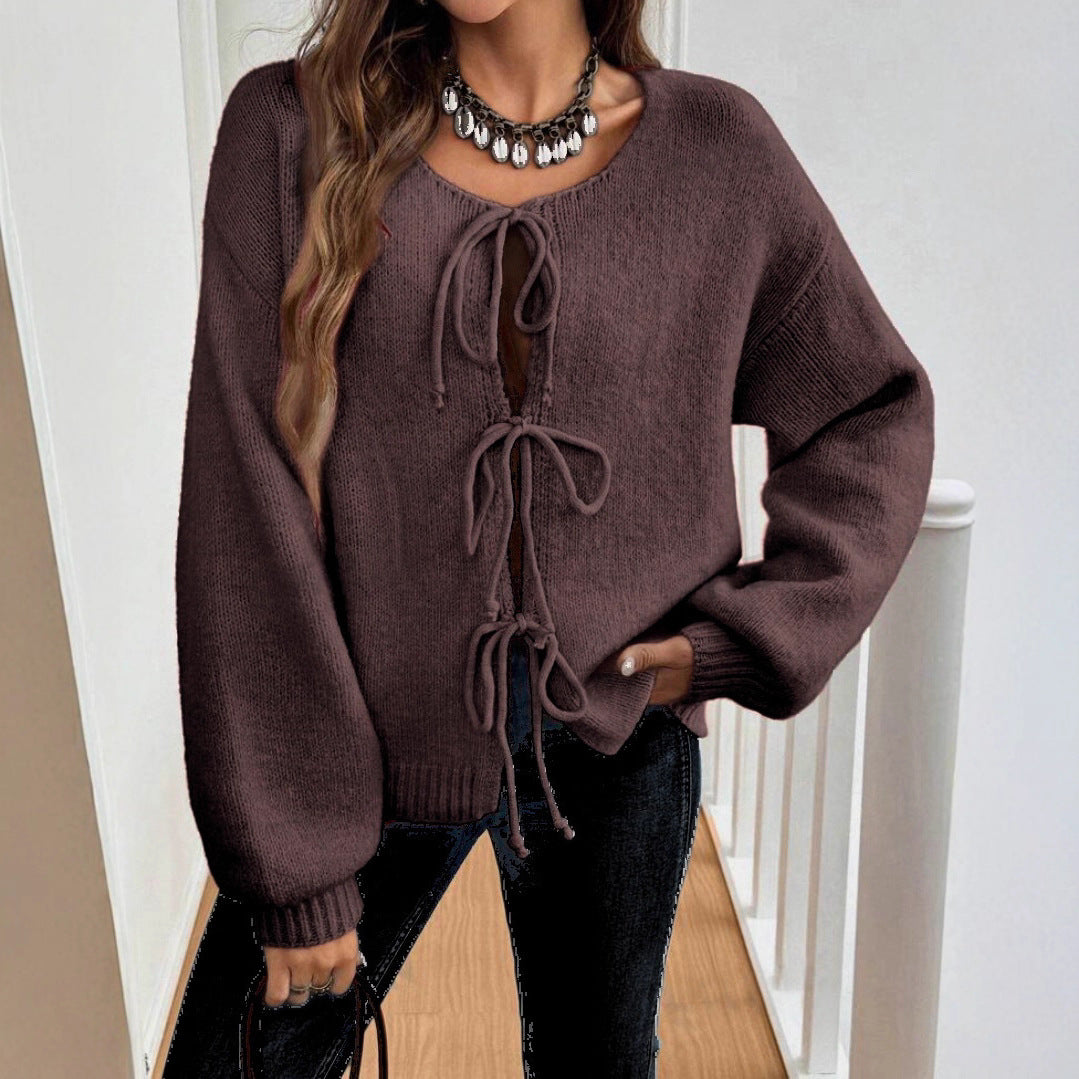 Damen gemütlicher Strickpullover mit dekorativem Schnür-Detail und weit geschnittenen Ärmeln R&B