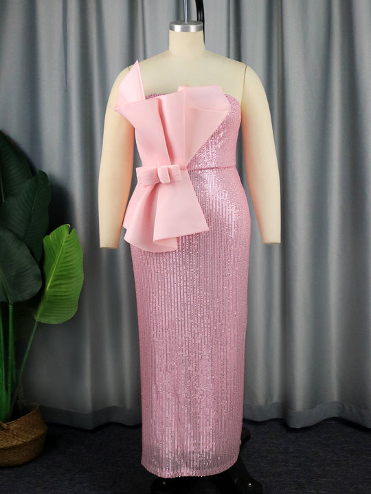 Damen Glänzendes Abendkleid mit asymmetrischem Schnitt und voluminöser Schleifen-Applikation R&B