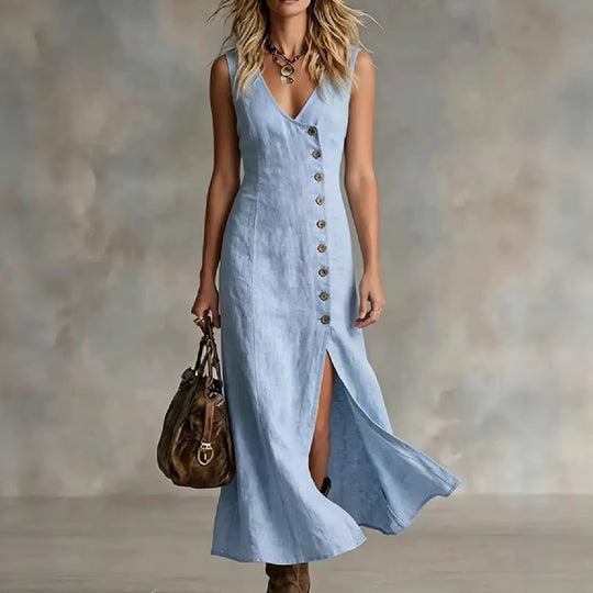 Damen Maxikleid mit elegantem V-Ausschnitt und seitlichem Schlitz R&B