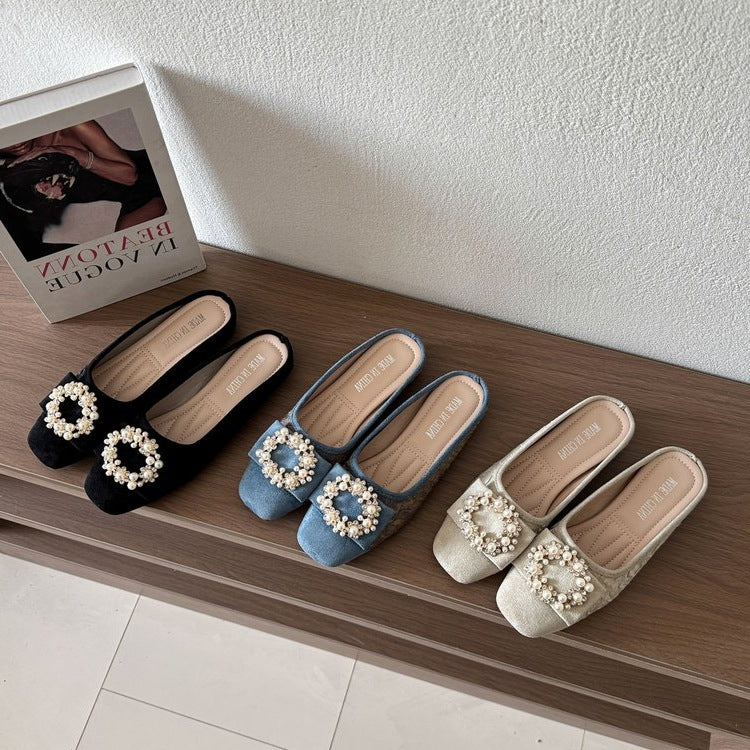 Damen elegante Mules mit funkelnder Perlenverzierung R&B