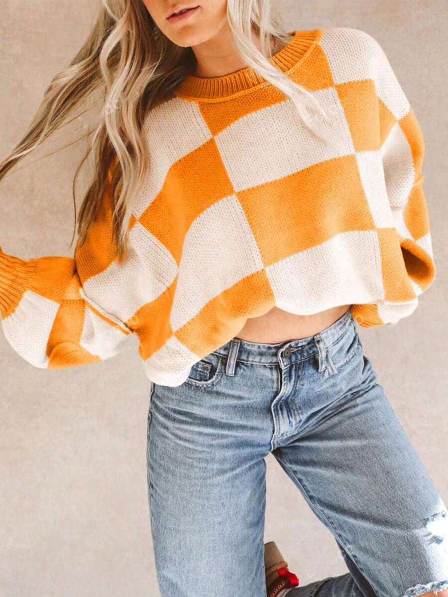 Damen lässiger kariert Pullover mit weiten Ärmeln und Rundhalsausschnitt R&B