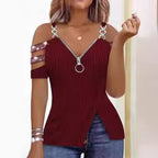 Damen Trendy Off-Shoulder Top mit Reißverschluss und Designer-Riemen R&B