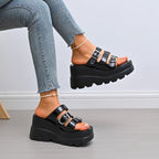 Damen Wedge-Pantoletten mit modischem Doppelriemen-Design und rutschfester Sohle R&B