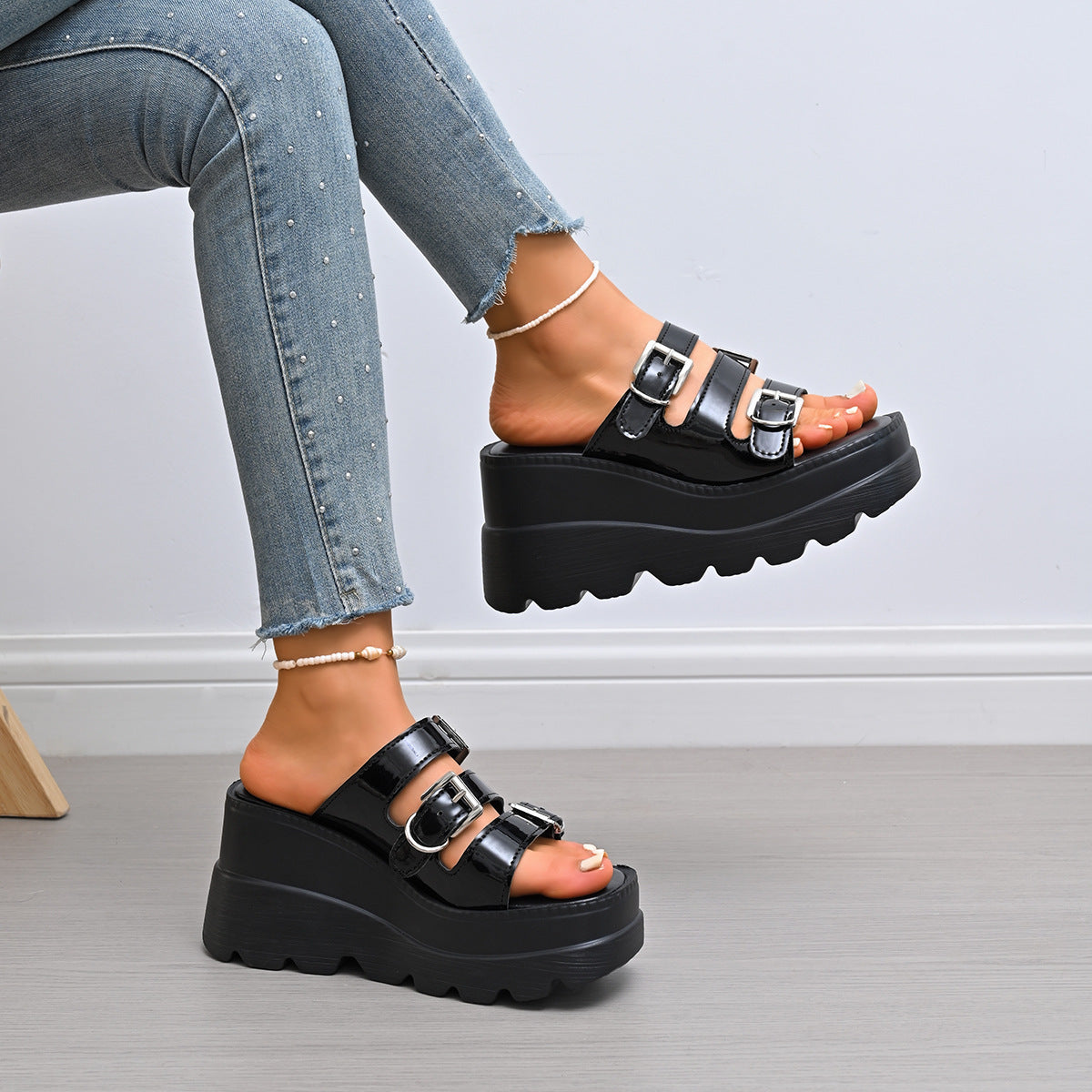 Damen Wedge-Pantoletten mit modischem Doppelriemen-Design und rutschfester Sohle R&B