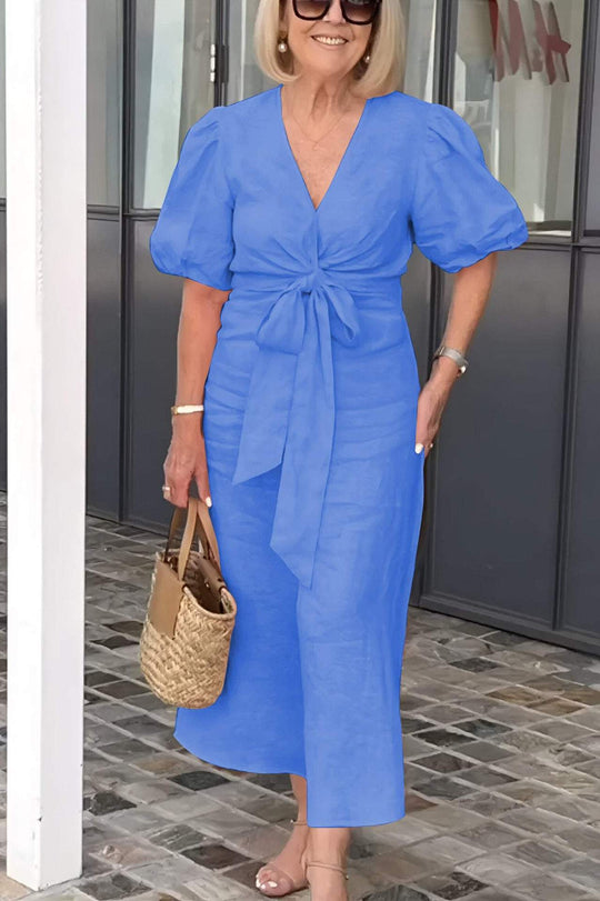 Damen Maxikleid mit eleganten Puffärmeln und Taillenknoten R&B