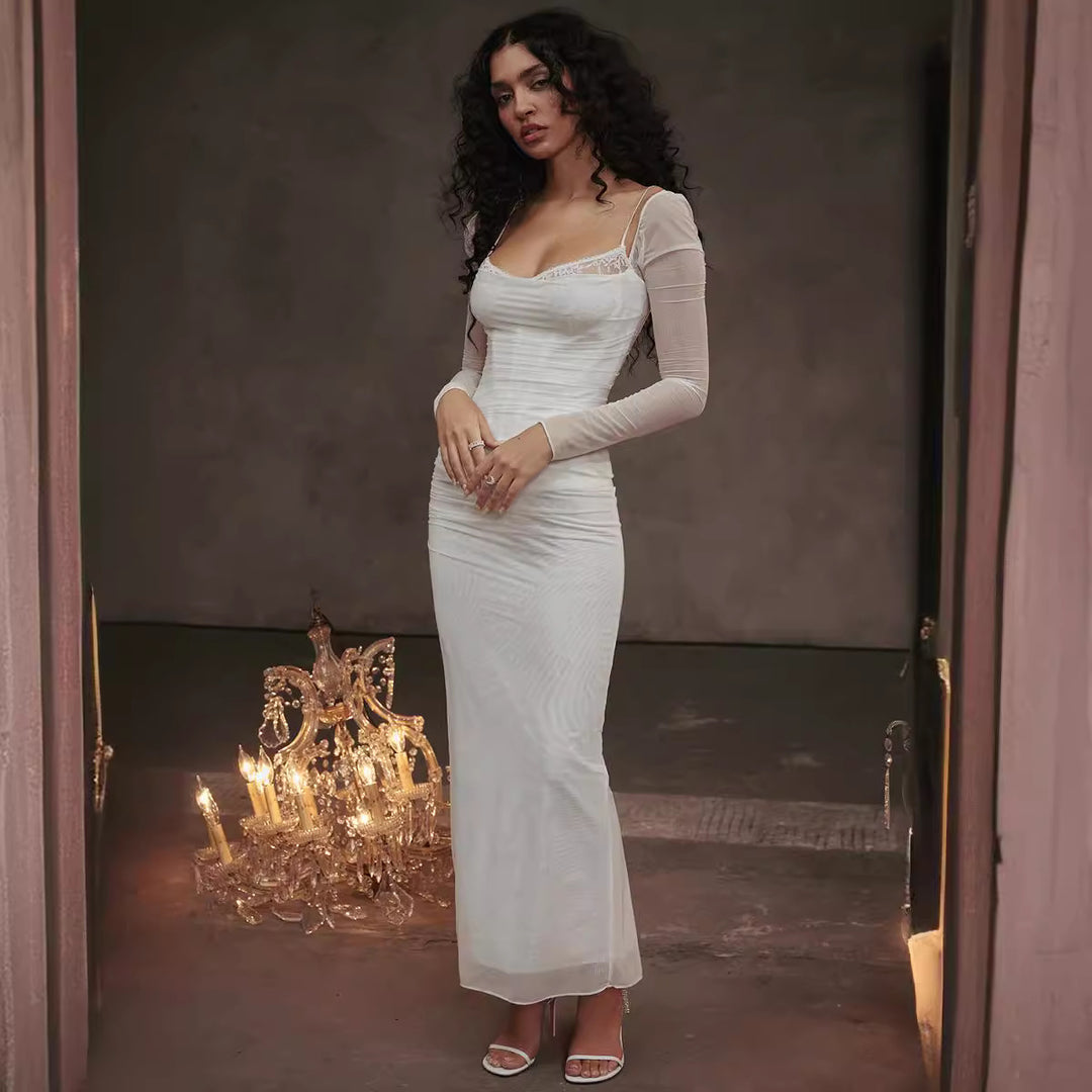 Damen Elegantes Maxikleid mit transparenten Ärmeln R&B