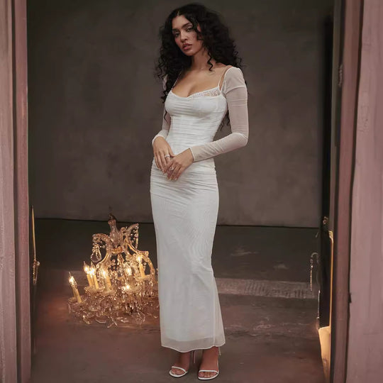 Damen Elegantes Maxikleid mit transparenten Ärmeln R&B