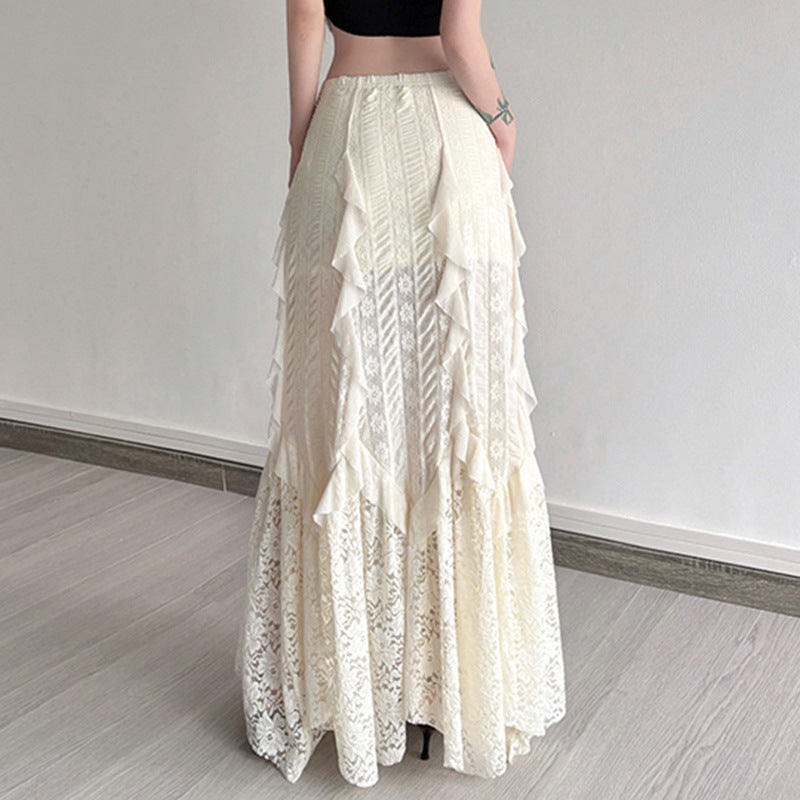 Damen eleganter Maxirock mit raffinierten Rüschen und Spitzenakzenten R&B