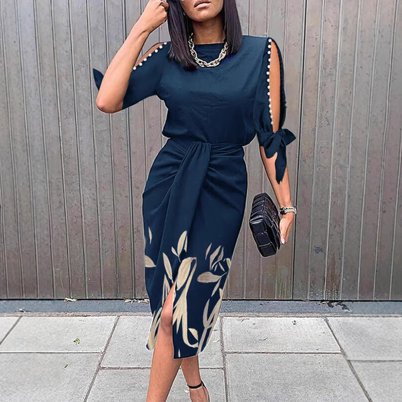 Damen Wickelkleid mit dekorativen Ärmeln und floralem Saum R&B