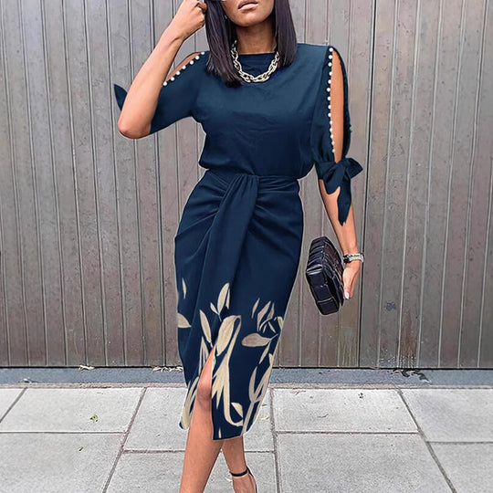 Damen Wickelkleid mit dekorativen Ärmeln und floralem Saum R&B