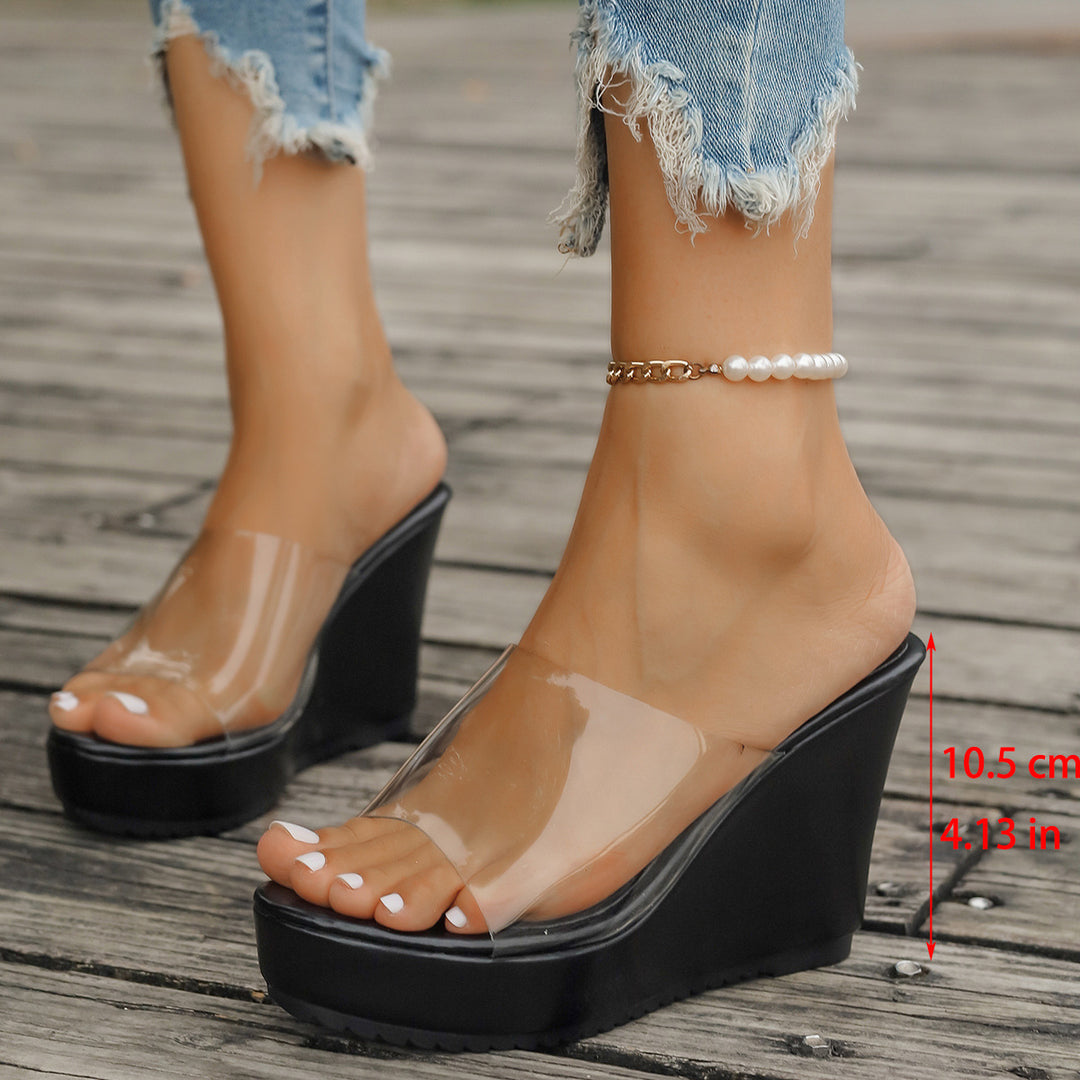 Damen nan transparente Mules mit PVC-Deckriemen, hohem Keilabsatz und rutschfester Laufsohle R&B