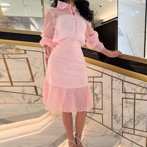 Damen Blusenkleid mit transparenten Ärmeln und Plissee-Rock R&B
