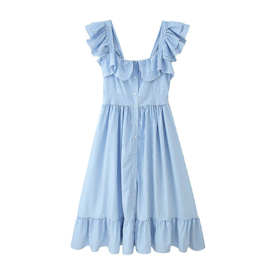Damen Rüschensommerkleid mit Knopfdetails und weitem Rock R&B