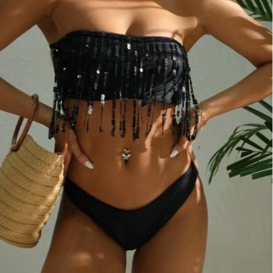 Damen Bandeau-Bikini mit glitzernden Quasten R&B