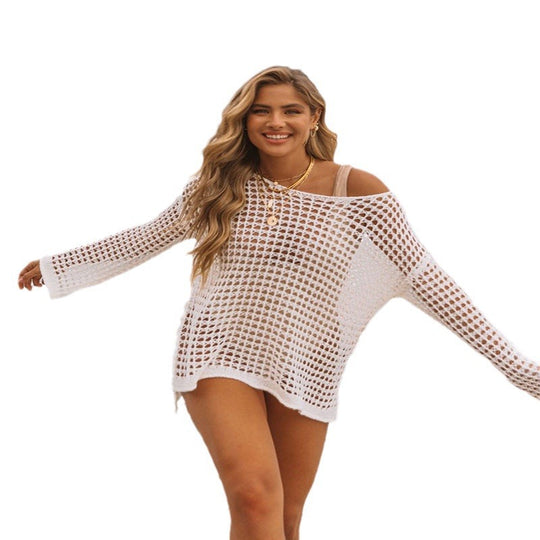 Damen lässiger Netzpullover mit weitem Schnitt und U-Boot-Ausschnitt R&B