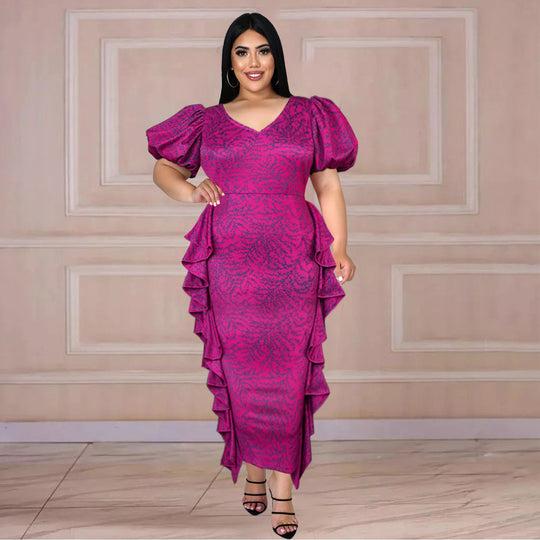 Damen Midi-Kleid mit voluminösen Puffärmeln und raffinierten Rüschendetails R&B